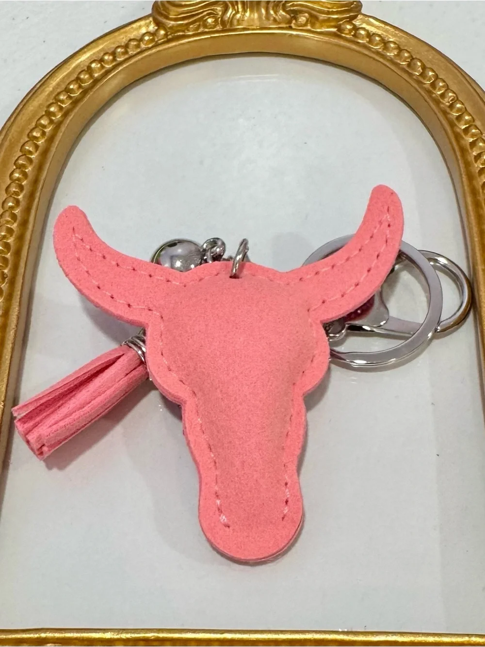 New Pink Rhinestone Bull Head Keychain with Tassel Charm